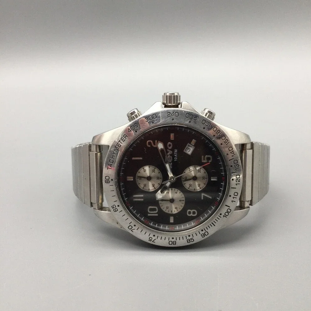 REVO Mens Watch 41mm Black Dial Silver Tone Chronograph RV1004 New Battery